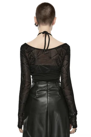 Cropped spiderweb mesh sleeve top with twist front design, displayed on mannequin showing black layered silhouette