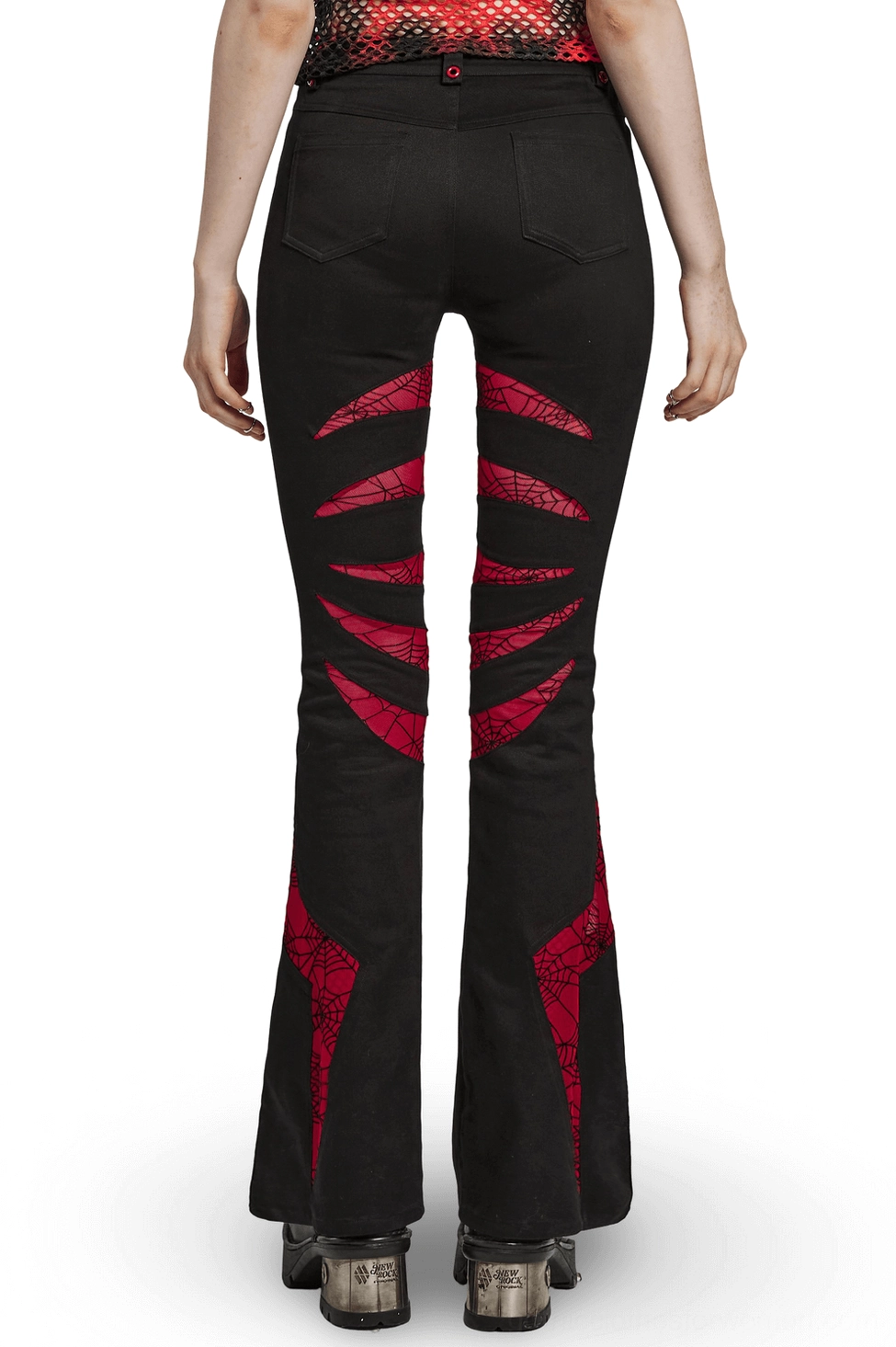 Black and red spiderweb mesh gothic pants back full body view with flared hem