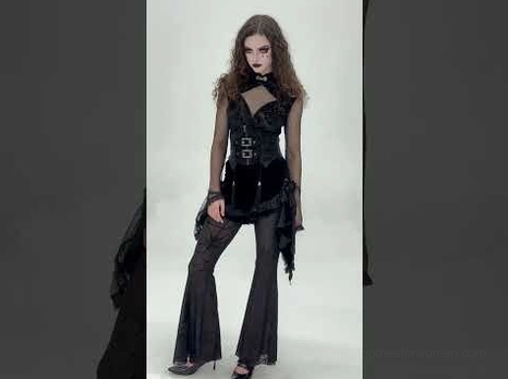 Black sheer spiderweb flare pants styled with gothic corset - side view of complete dark romantic outfit