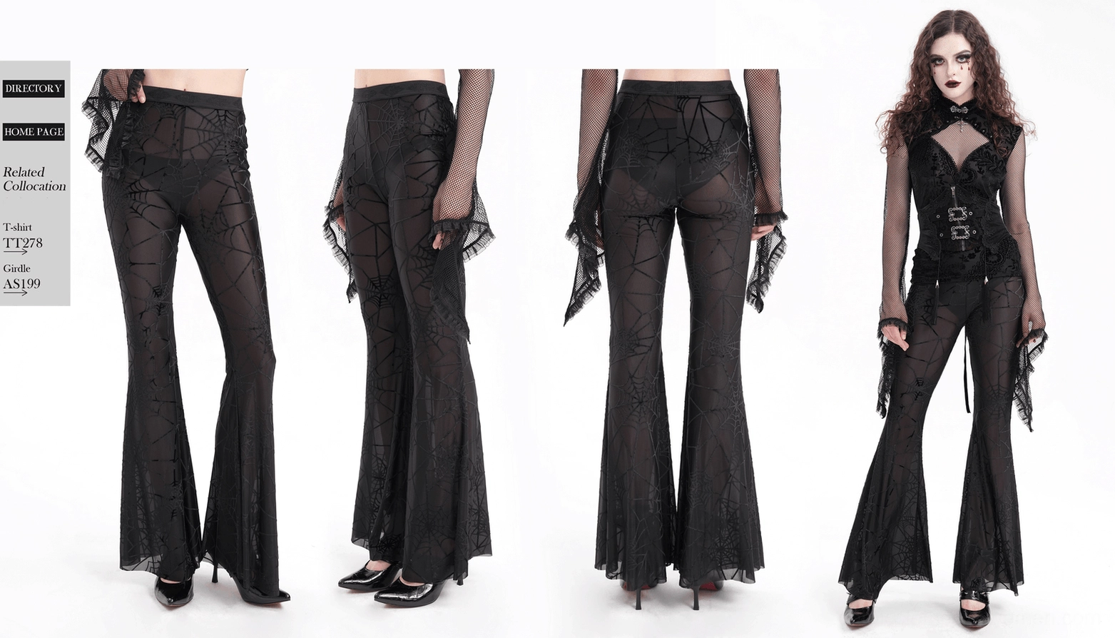 Black sheer spiderweb flare pants layering - mesh transparency with velvet spiderweb pattern