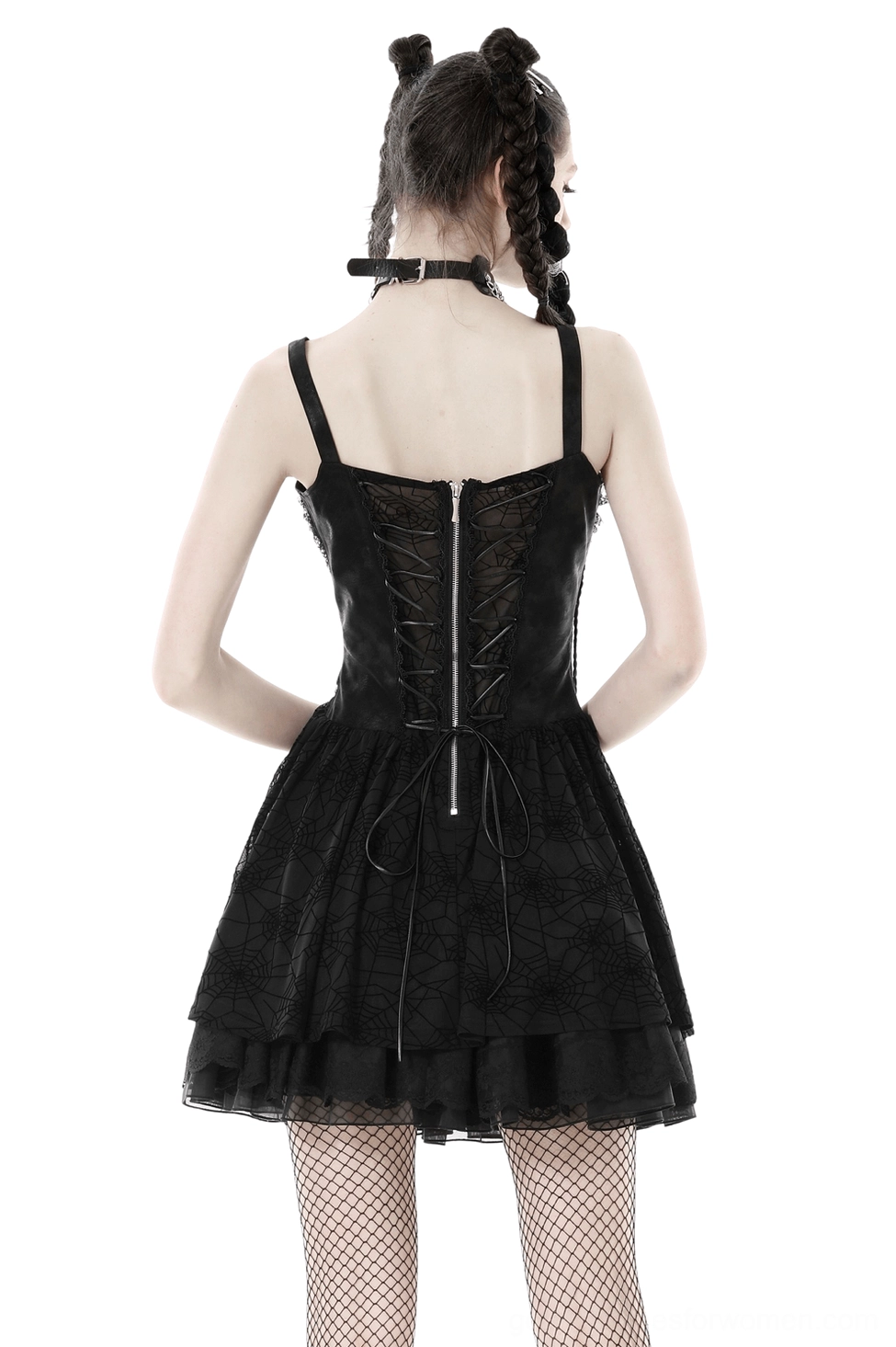 Black gothic suspender dress back view showing lace-up mesh panel, zipper closure, and ruffled skirt detail