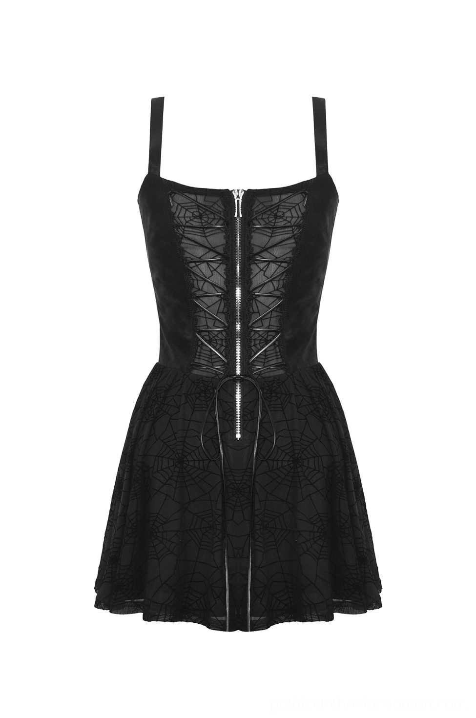 Flat lay back view of black gothic dress displaying lace-up corset bodice and zipper closure