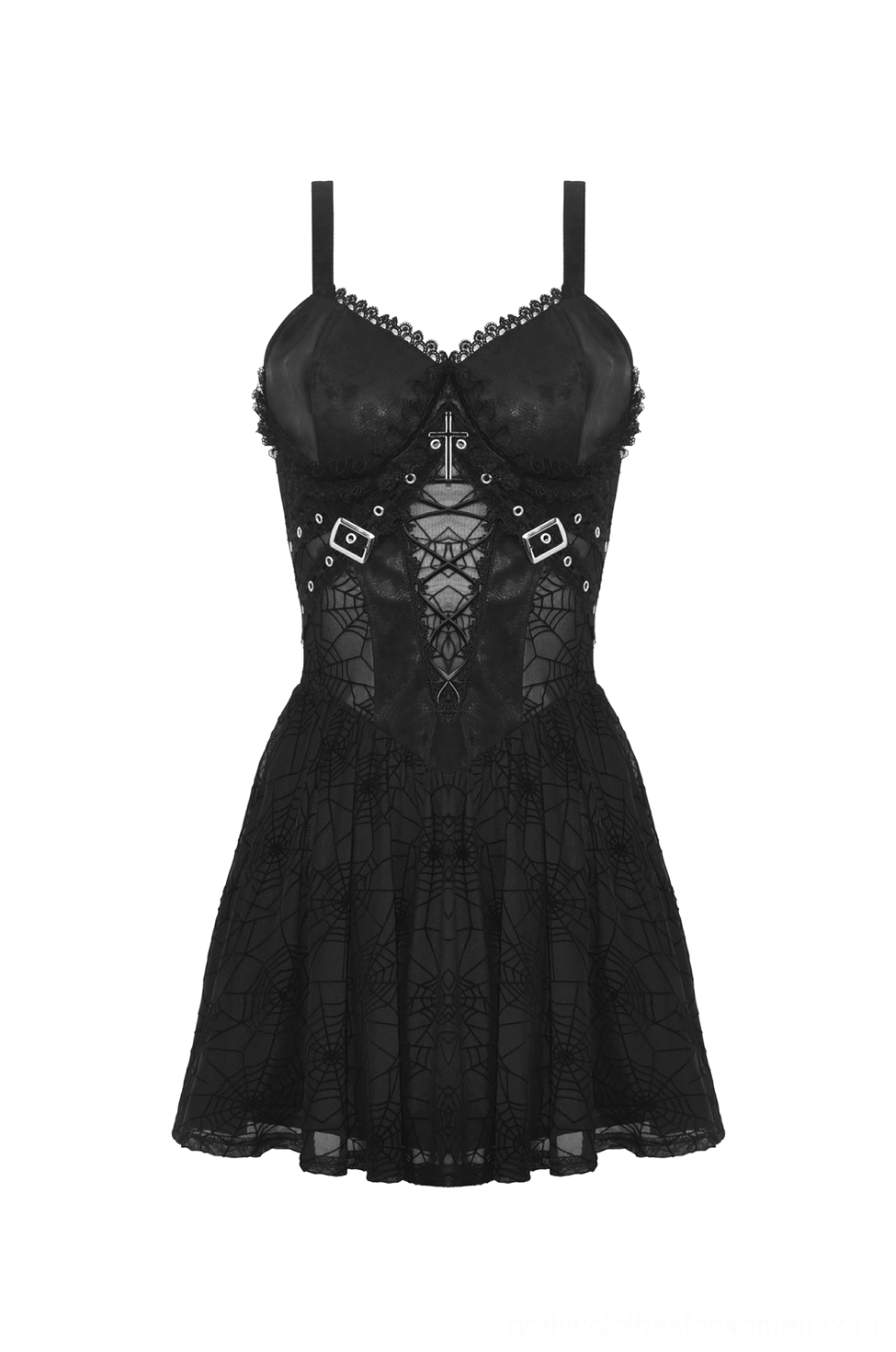 Flat lay front view of black gothic suspender dress showing underwire bodice and metal buckle hardware