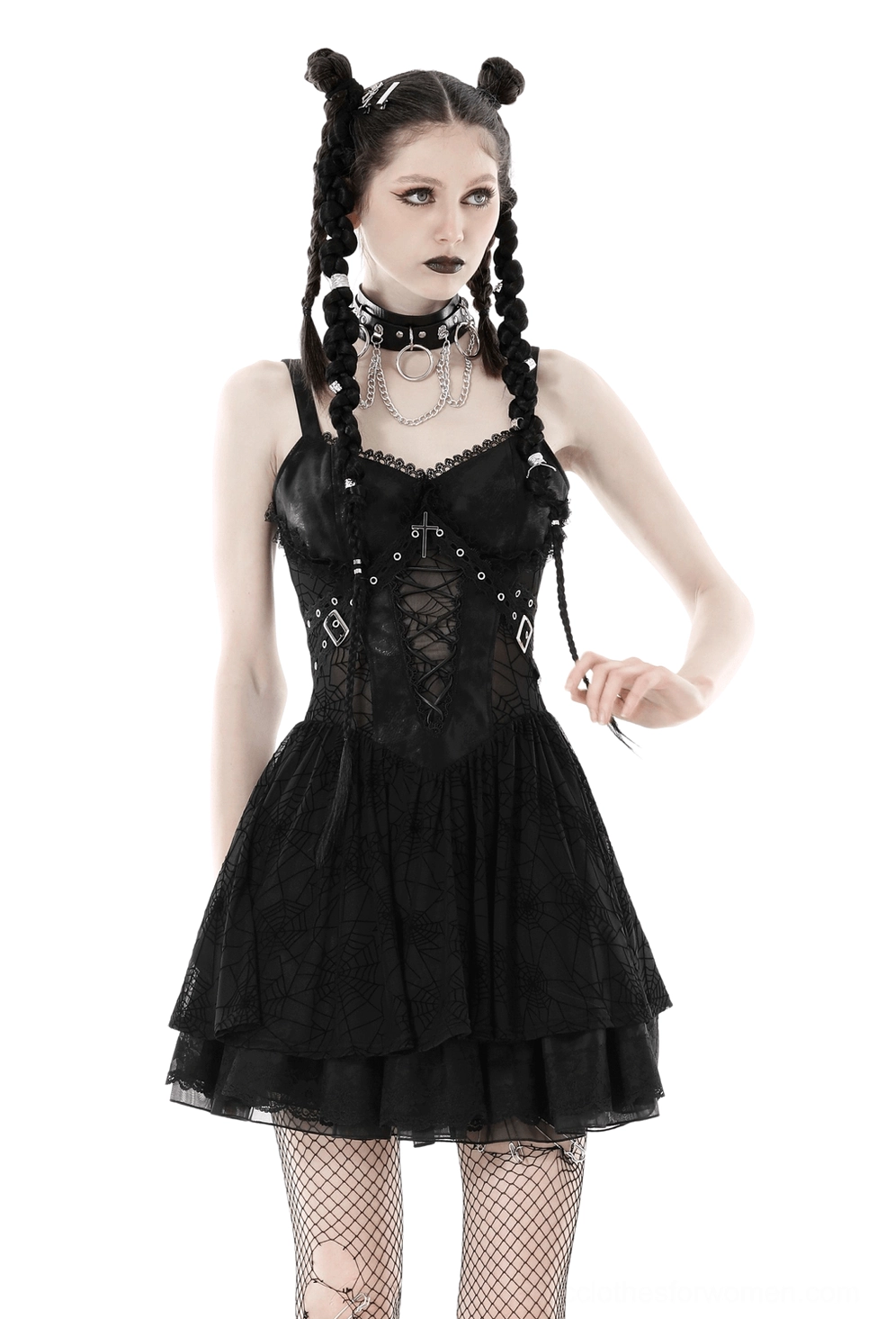 Black spiderweb lace gothic suspender dress front full-body view with metal cross buckles and adjustable straps