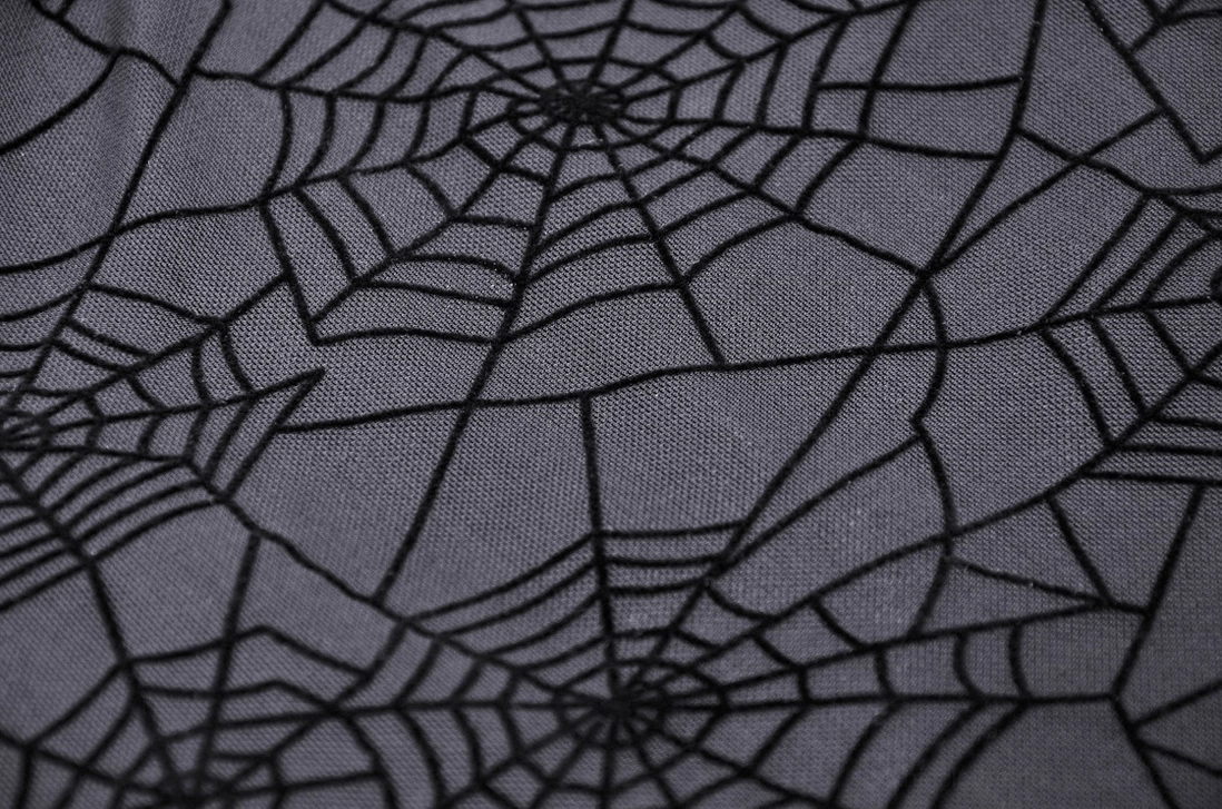 Gothic spiderweb suspender dress full product showcase with all design elements and hardware visible