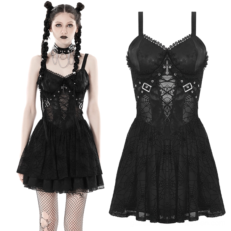 Black spiderweb lace gothic dress three-quarter angle with choker necklace and fishnet stockings