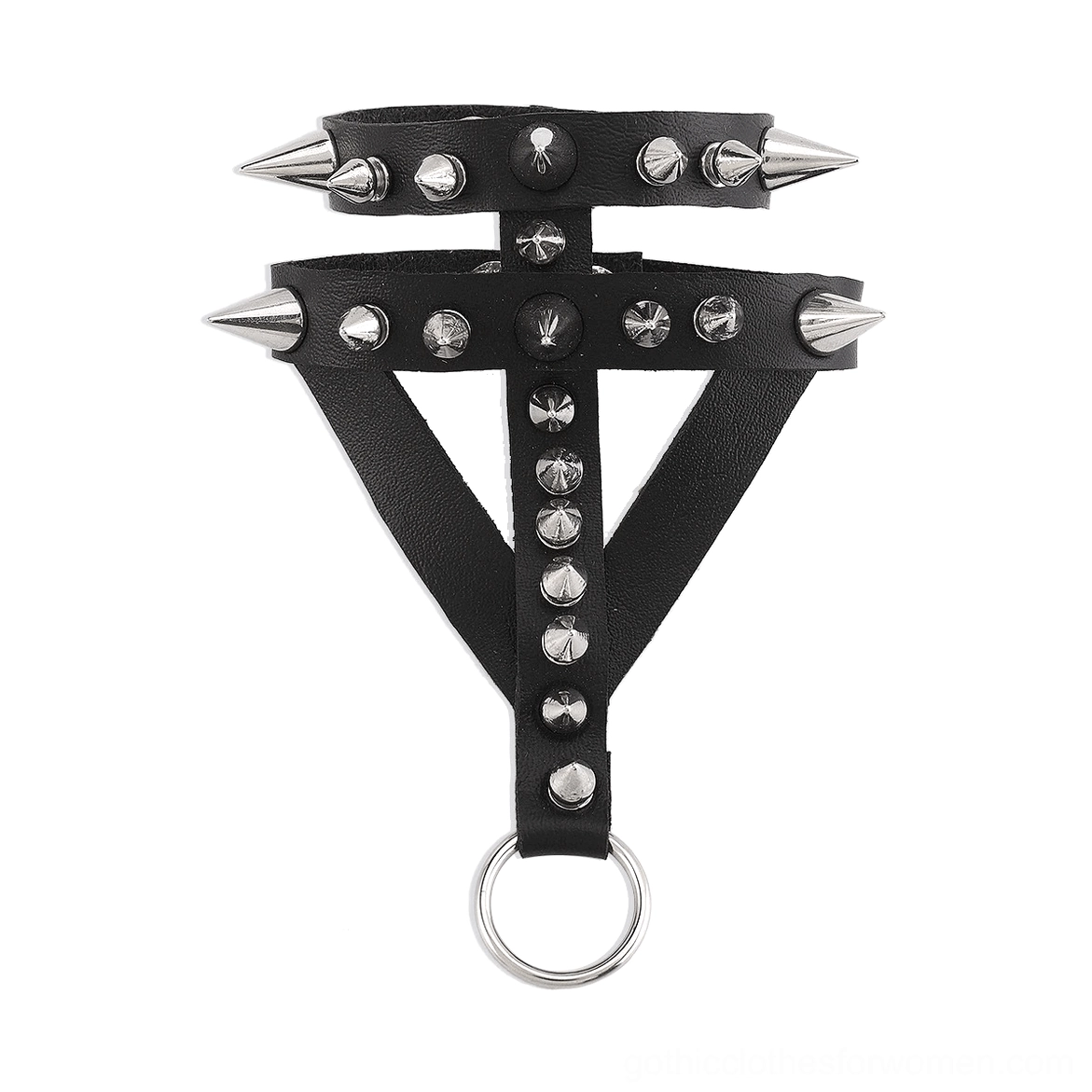 Gothic spike studded bracelet flat lay top down view with metal ring accent