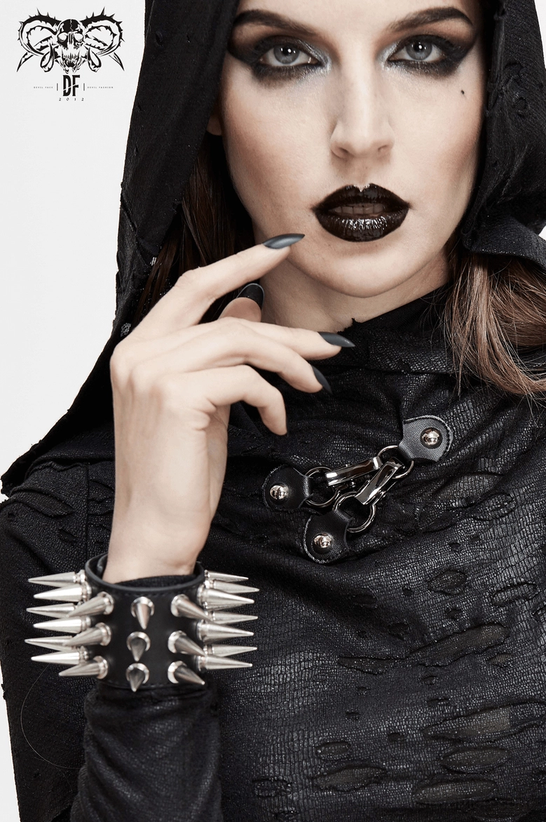 Gothic spike bracelet product detail shot highlighting black PU leather quality and silver cone spike precision