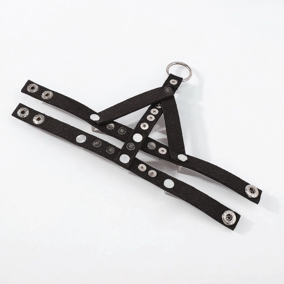 Gothic spike studded bracelet crossed straps with hanging metal ring