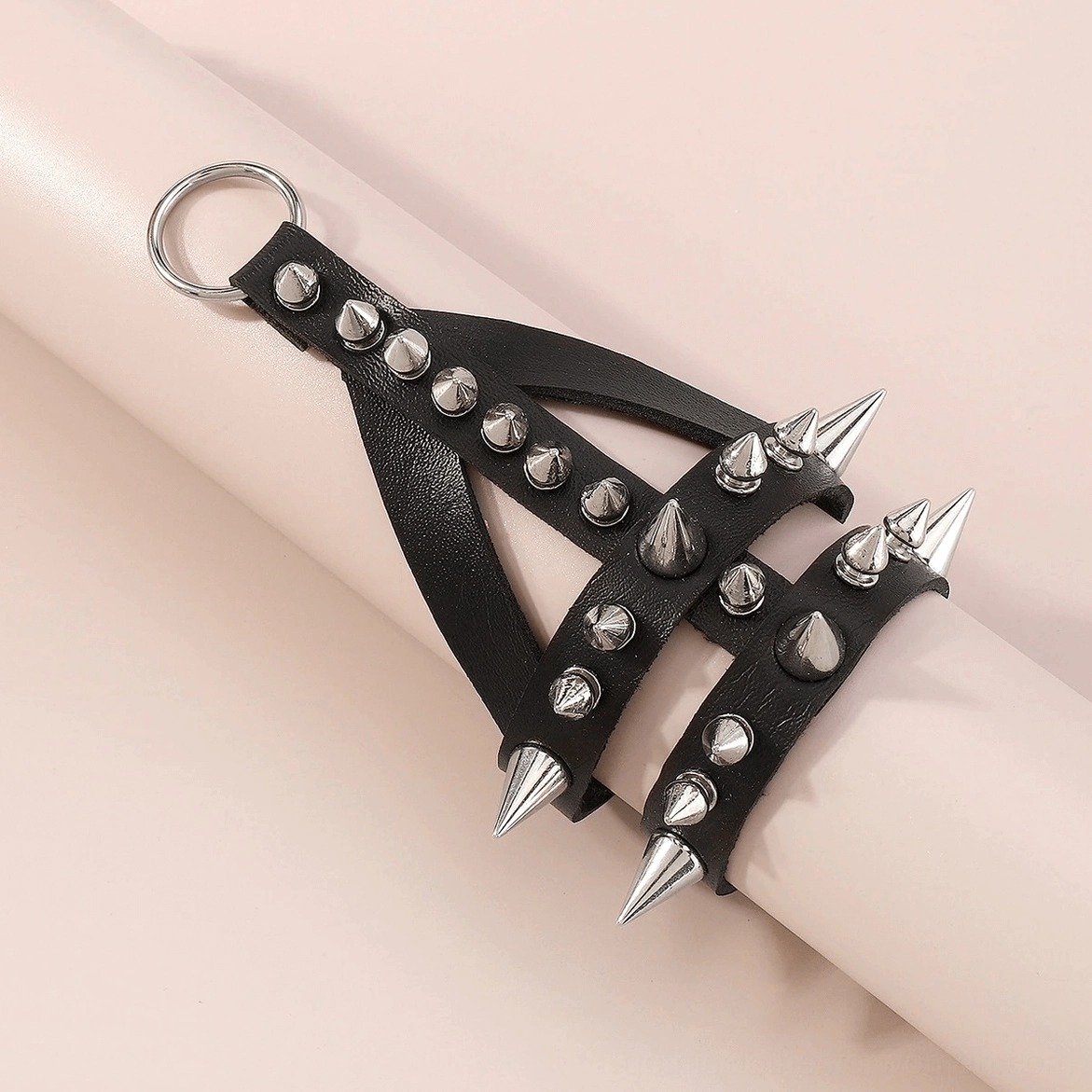 Punk gothic spike bracelet with silver metal studs close-up detail