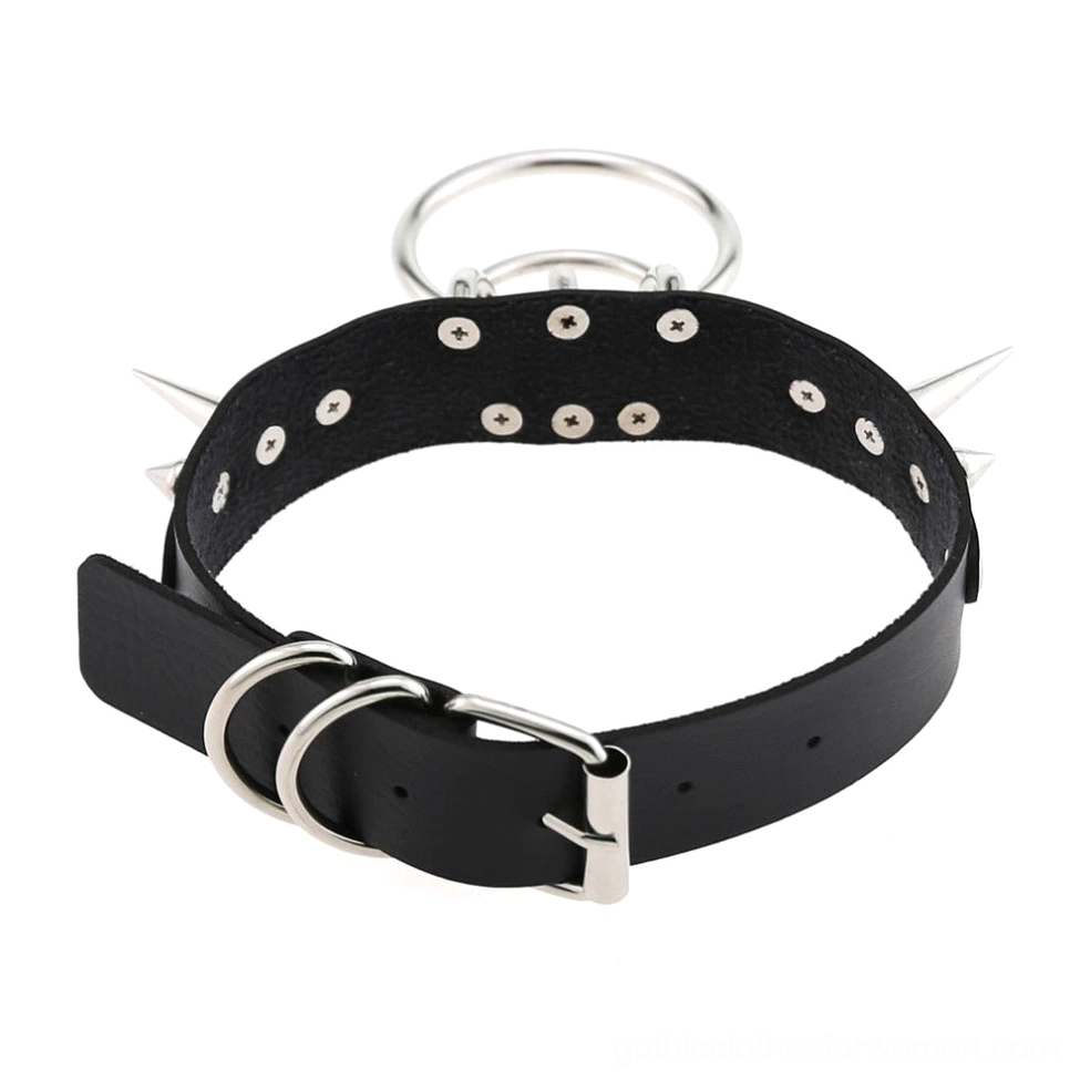 Black spiked leather choker flat lay display, showing adjustable metal buckle and hardware details from above