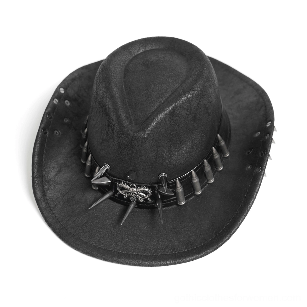 Metal spike bullet gothic cowboy hat top-down view showing spike and skull detail arrangement
