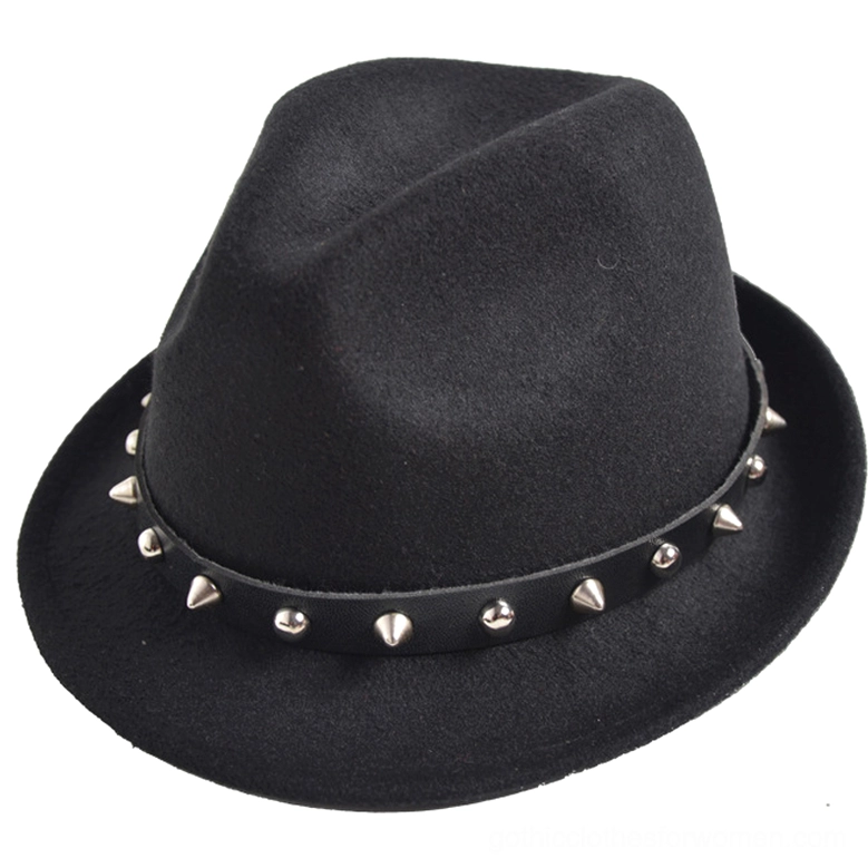Black gothic spike studded wool fedora hat with metallic rivet leather band, front overhead view on white background
