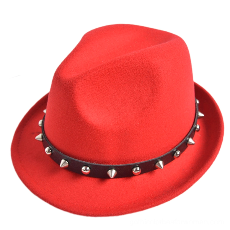 Bright red gothic spike fedora with thick premium felt fabric and rivet spiked decorative band, punk rock style