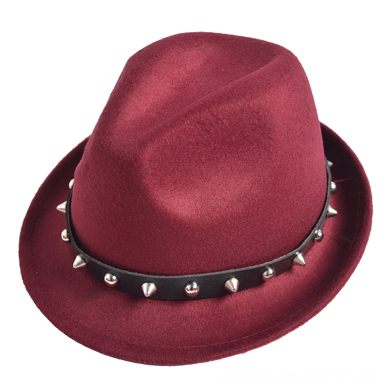 Wine red burgundy gothic fedora with rivet studded leather strap and premium felt material, dark aesthetic hat
