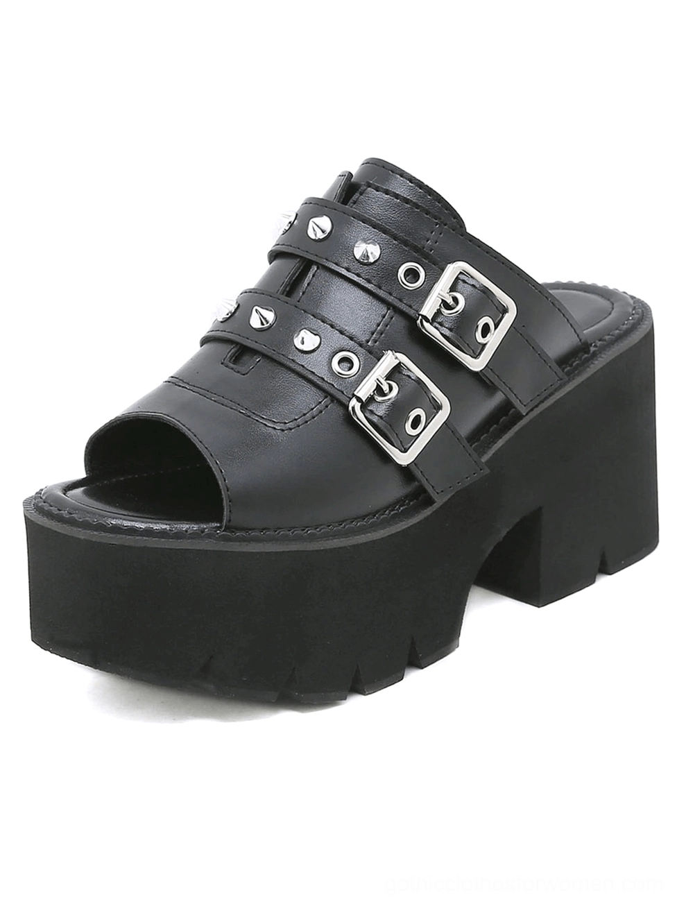 Black gothic spike platform sandal front three-quarter view showing open toe design metal studs