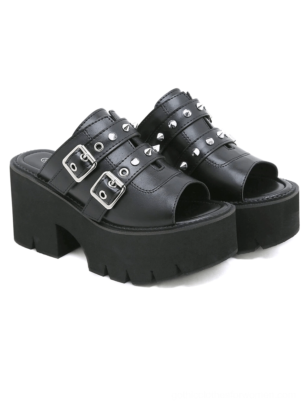 Gothic spike platform sandals black chunky block heel mules with dual metal buckle straps full pair view