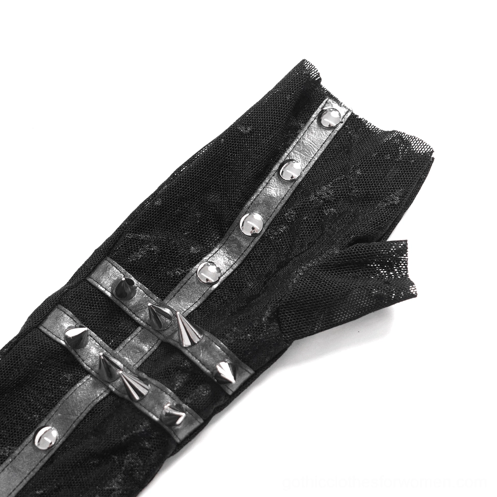 Flat lay product image of gothic lace arm sleeves with studded cuffs showing sheer black mesh and spike elements