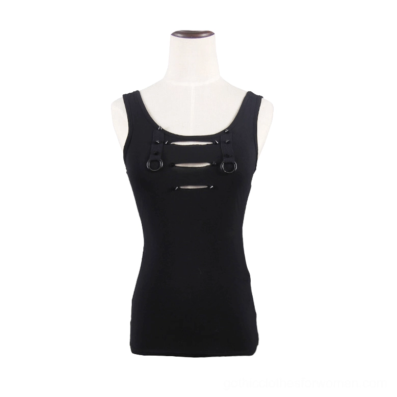 Black spike gothic tank top form-fitting design on mannequin, front cutout strap with metal D-rings, alternative steampunk clothing