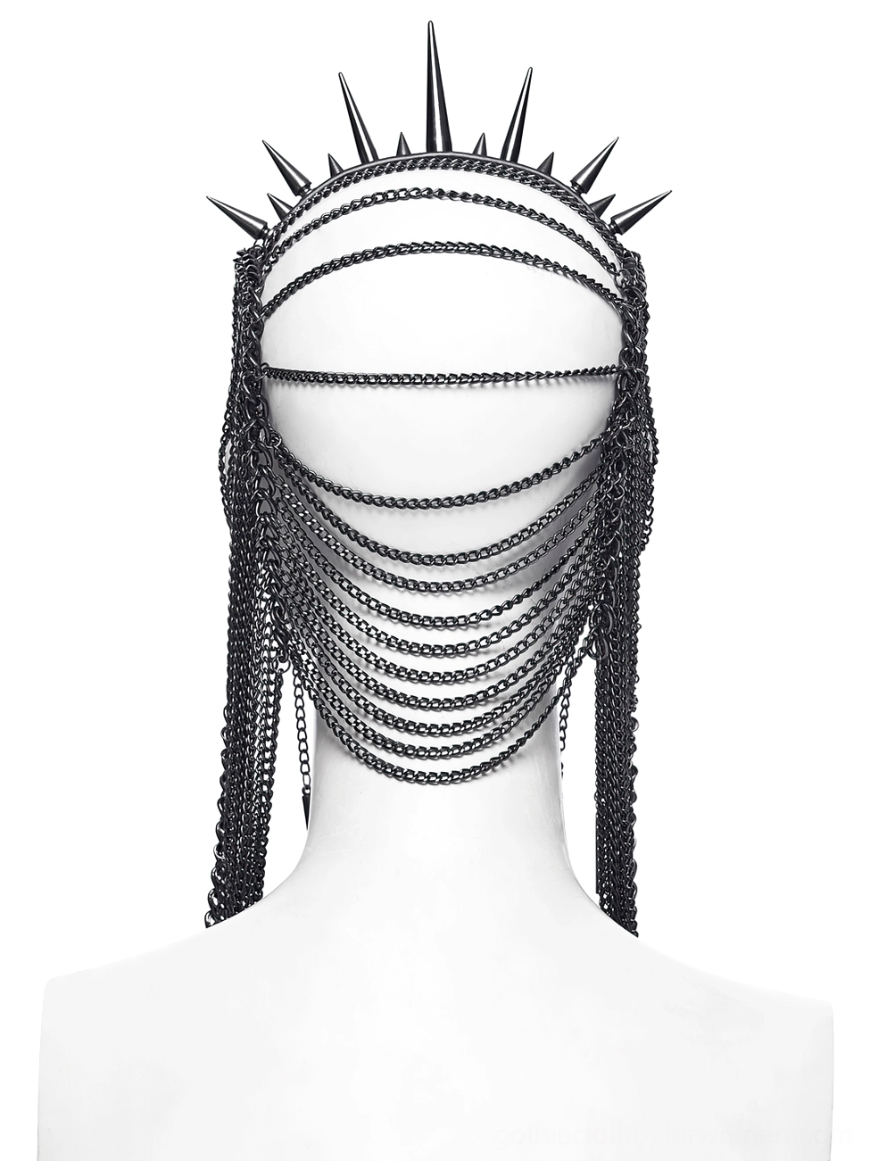 Rear full view of black spiked crown headpiece showing multi-layered back chain design and spiked crown top