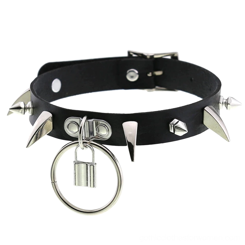 Gothic spiked PU leather choker detail view with metal spike embellishments