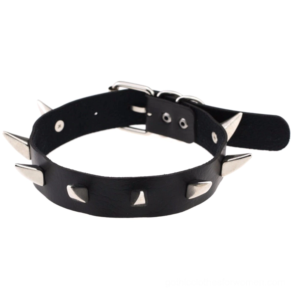 Gothic spiked choker necklace worn styling view with dark aesthetic and silver metal hardware highlights