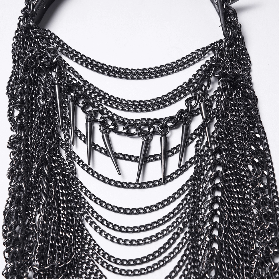 Alternative angle of gothic spiked chain crown headpiece emphasizing architectural chain layering and spike positioning