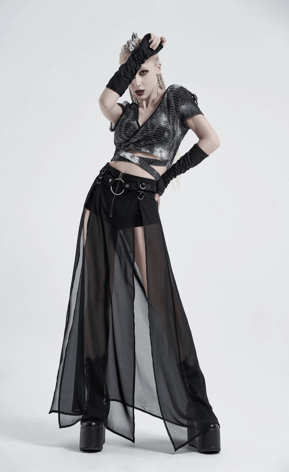 Gothic sheer overlay split skirt full length silhouette for alternative fashion