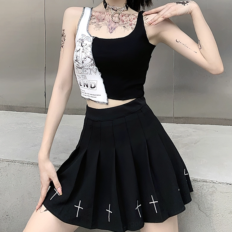 Black and white cropped gothic tank top full body view with cross-embroidered skirt on model