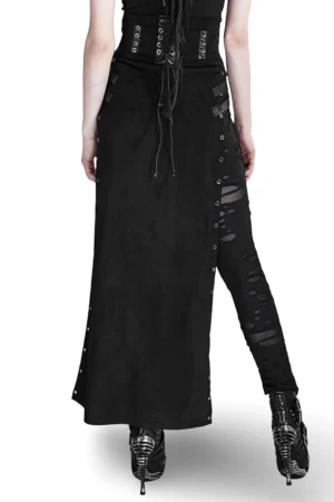 Gothic punk maxi skirt rear view showing lace-up back panels, ripped side details, and metallic eyelet hardware worn with high heel boots