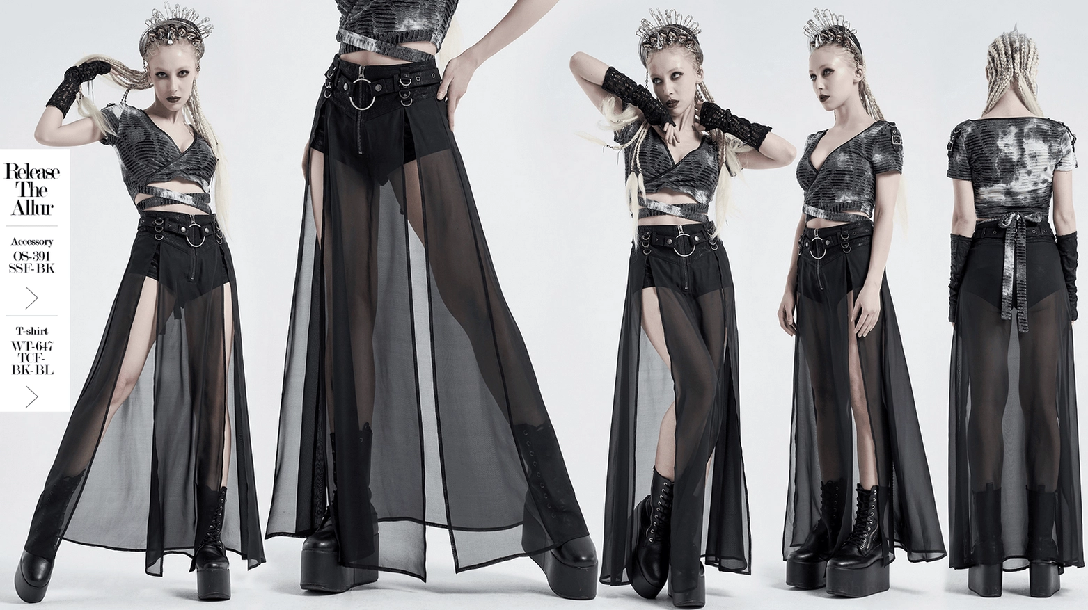 Black gothic sheer overlay split skirt complete design with detachable belt