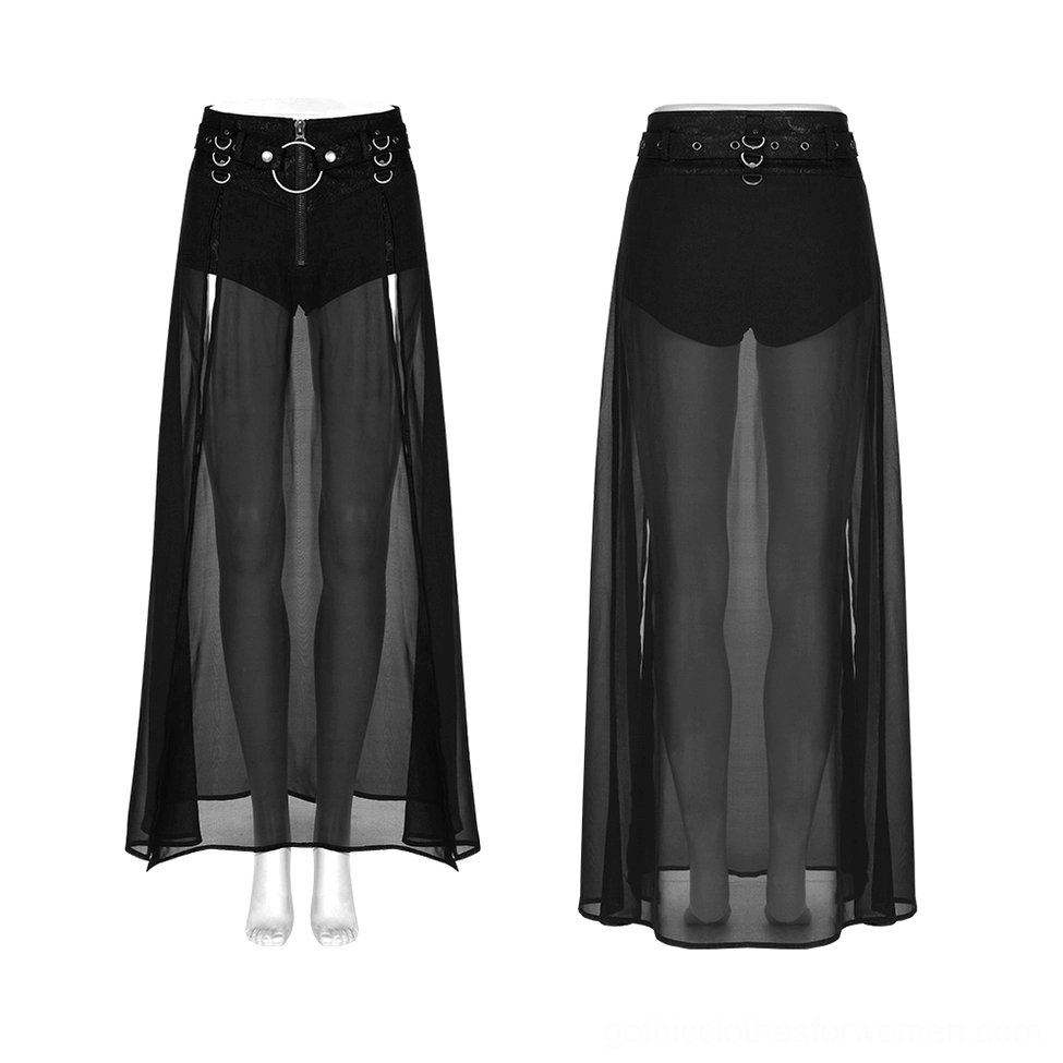 Flat lay display of black gothic split skirt showing metal D-ring details and built-in shorts