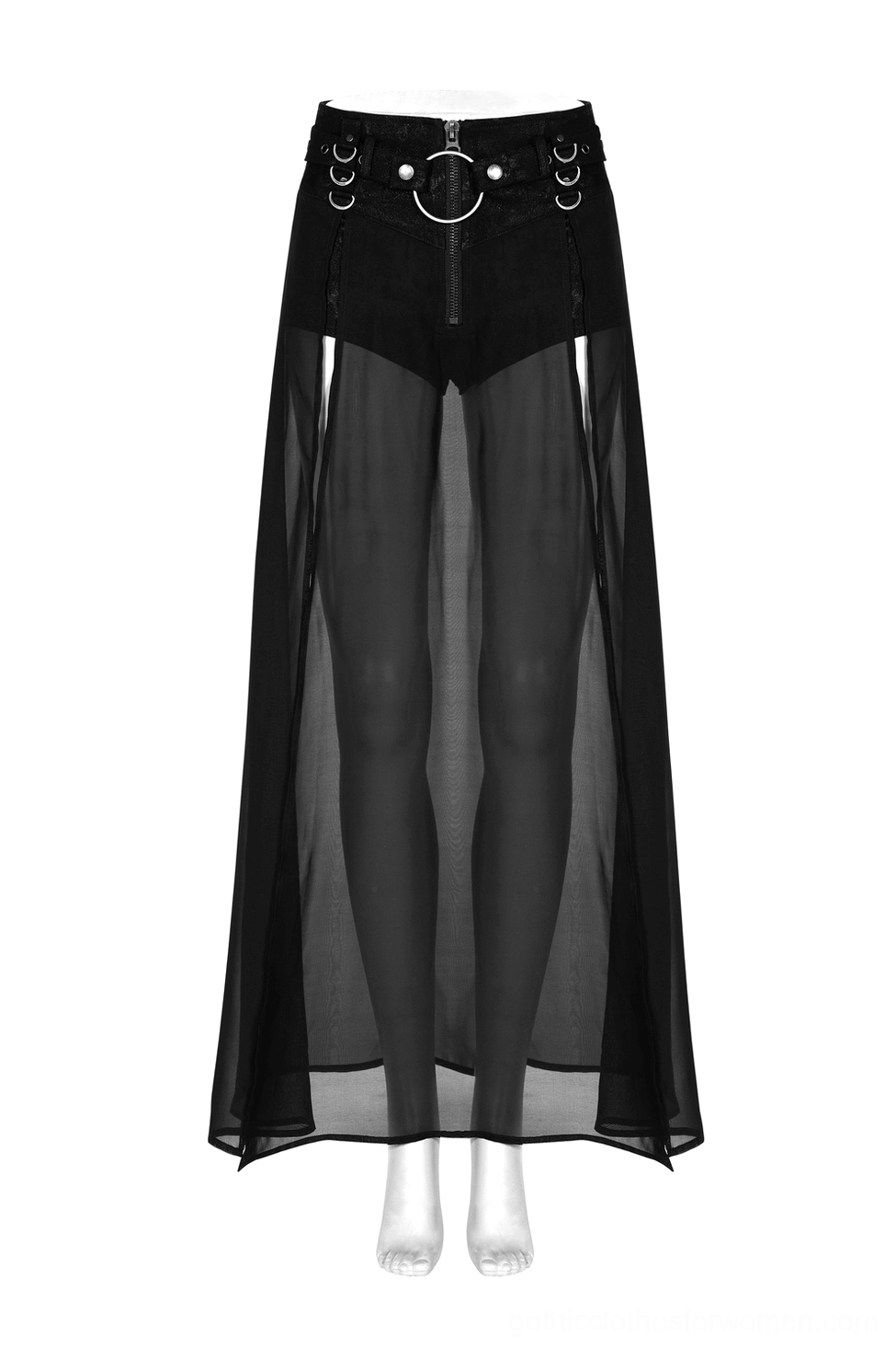 Black gothic sheer skirt front product view with front zipper and D-ring waist buckles