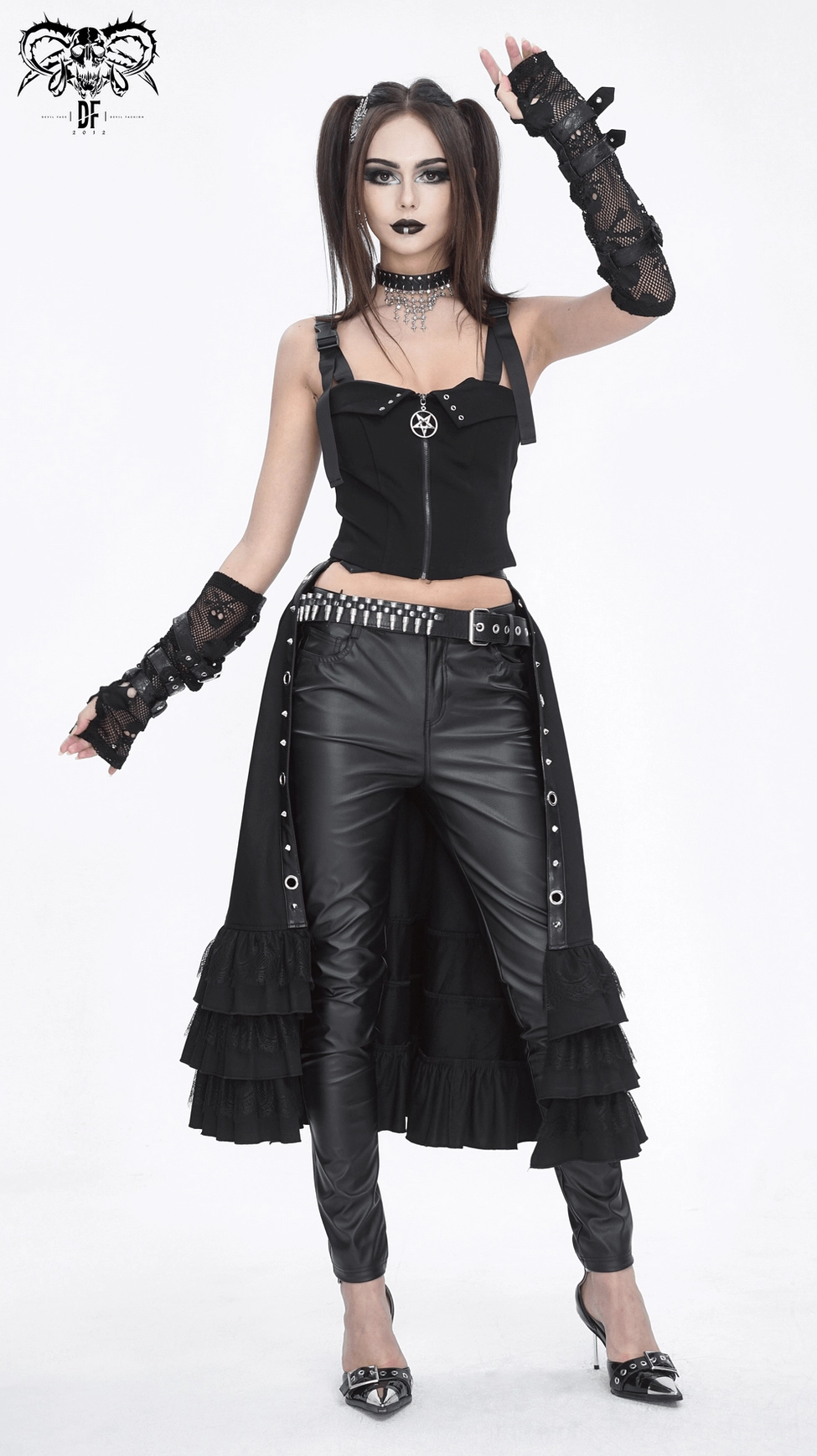Gothic split ruffle half skirt product shot highlighting the front split opening, buckle belt, and overall punk-inspired design aesthetic