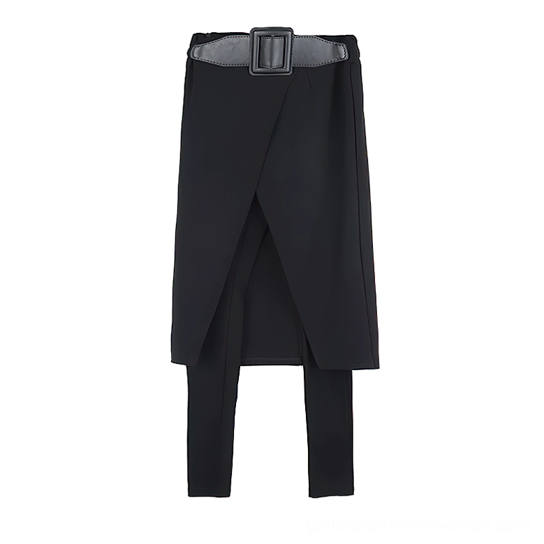 Black two-in-one gothic skirt with attached leggings - flat lay showing full design and leather belt detail