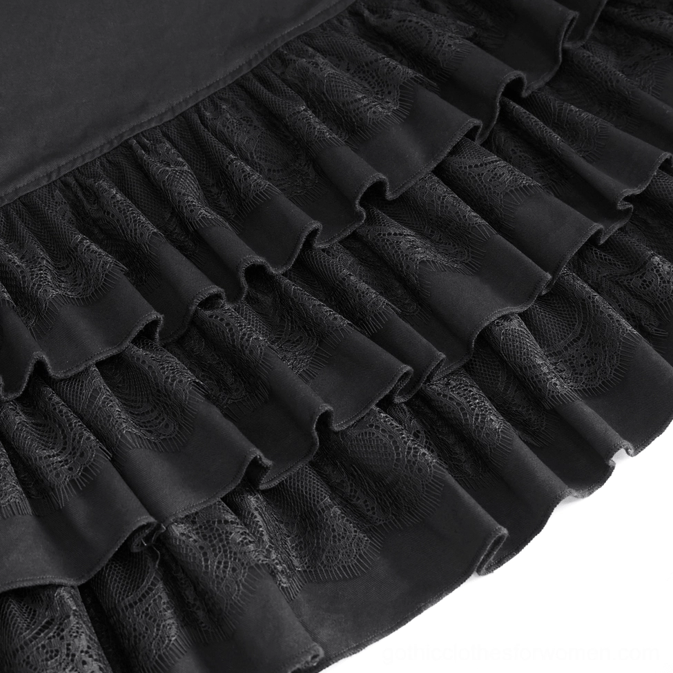 Gothic black split ruffle skirt styling detail shot emphasizing the split front opening and ruffle hem layering for alternative fashion