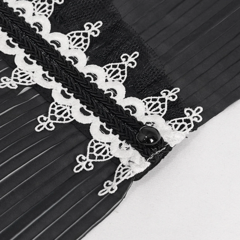 Alternative angle of pleated gothic stand collar showing architectural precision of black and white striped design
