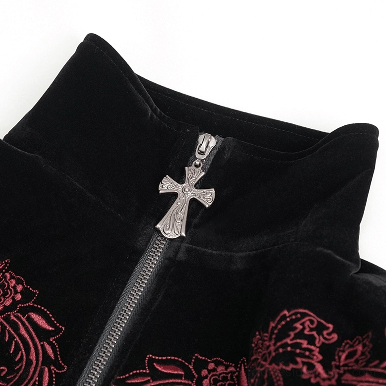 Gothic coat collar and zipper detail shot, highlighting stand collar structure and cross-shaped zipper pull hardware
