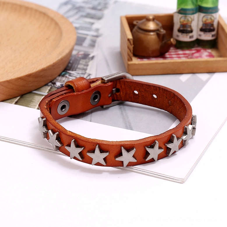 Gothic star leather bracelet antique silver plated zinc alloy studs with premium PU leather construction detail