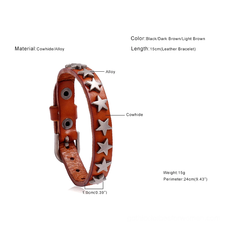Gothic star leather bracelet specifications and material information displayed on product label