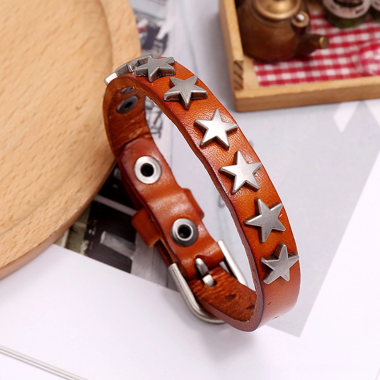 Gothic star leather bracelet unisex punk rock bangle showcasing adjustable sizing and rebel aesthetic appeal