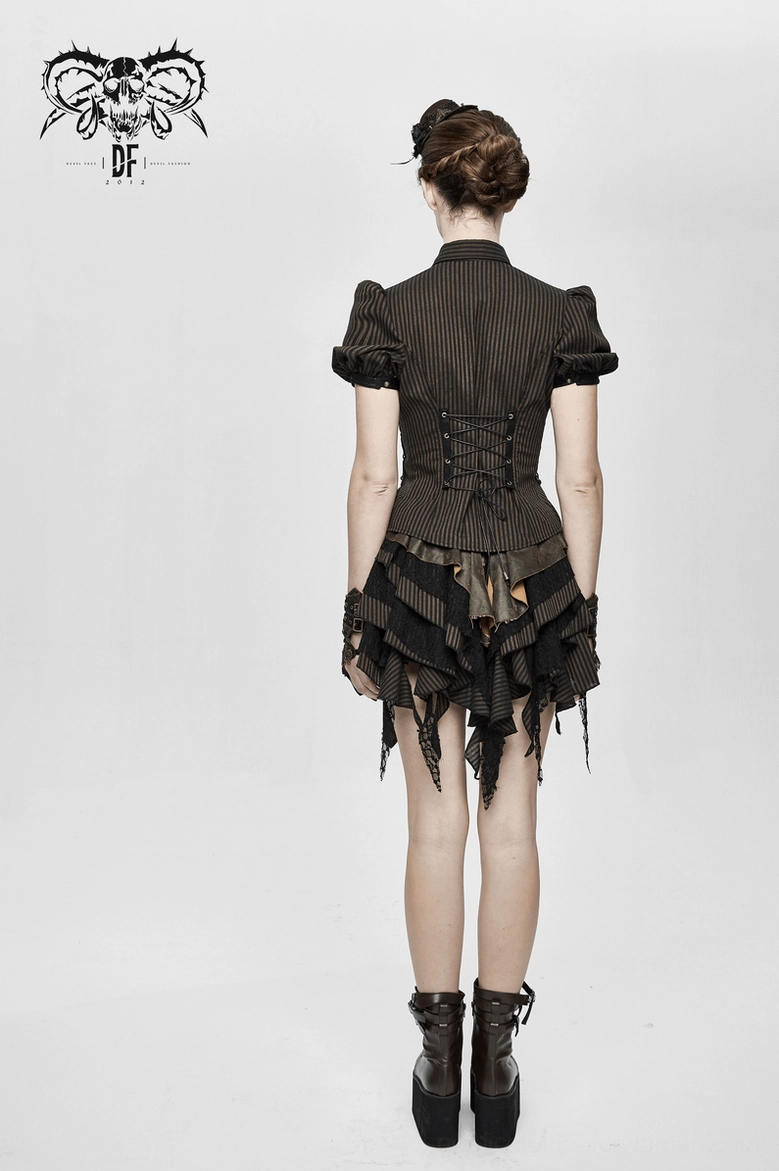 Full-body back view of model wearing steampunk blouse with coffee striped fabric, ruffled puff sleeves, and lace-up back waist detail