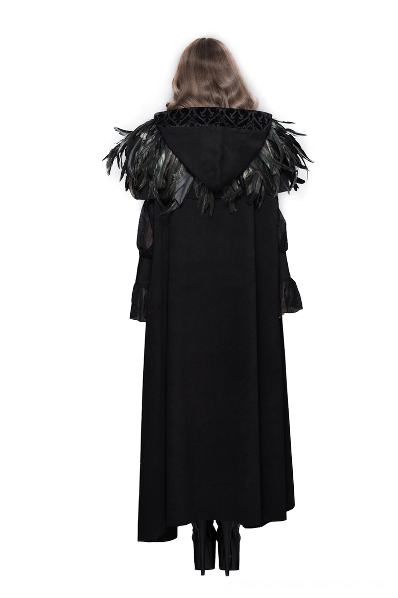 Black gothic shoulder cape with flowing crow feathers steampunk inspired drawstring cape design