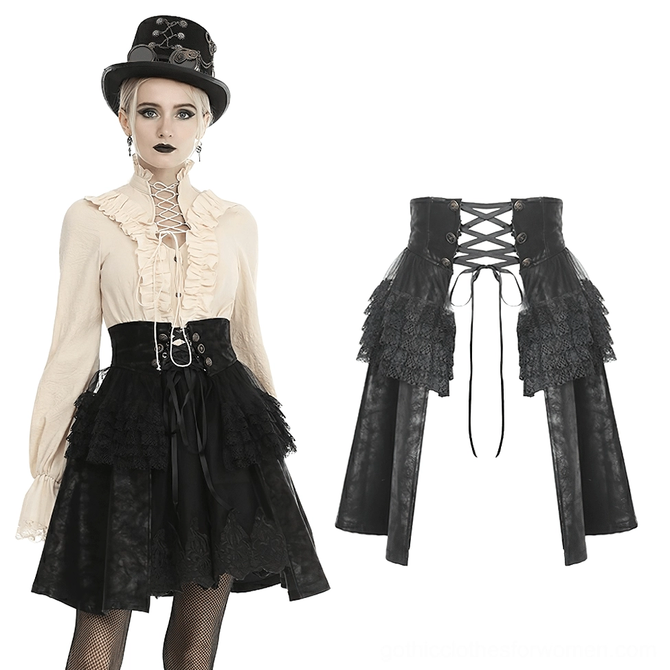 Black steampunk gothic skirt styled with vintage blouse and top hat - complete alternative fashion outfit