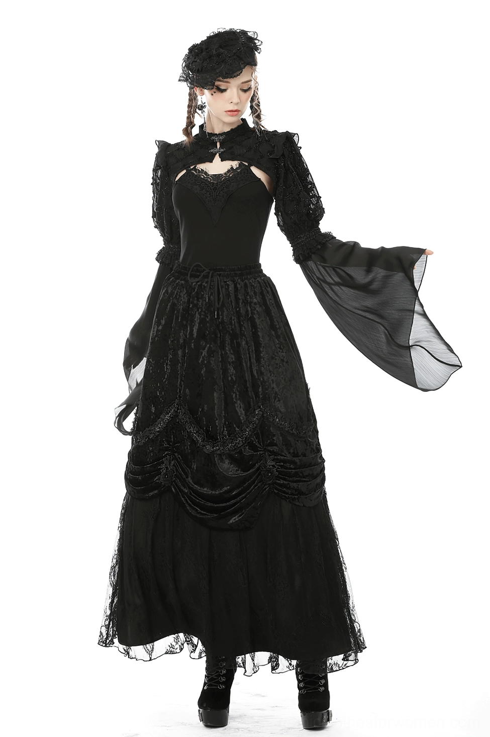 Gothic steampunk velvet maxi skirt showcase with layered lace and ruched design elements