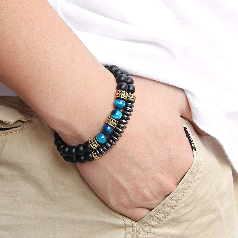Gothic double-layer natural stone beads bracelet collection showcase with tiger eye variants and metal spacers