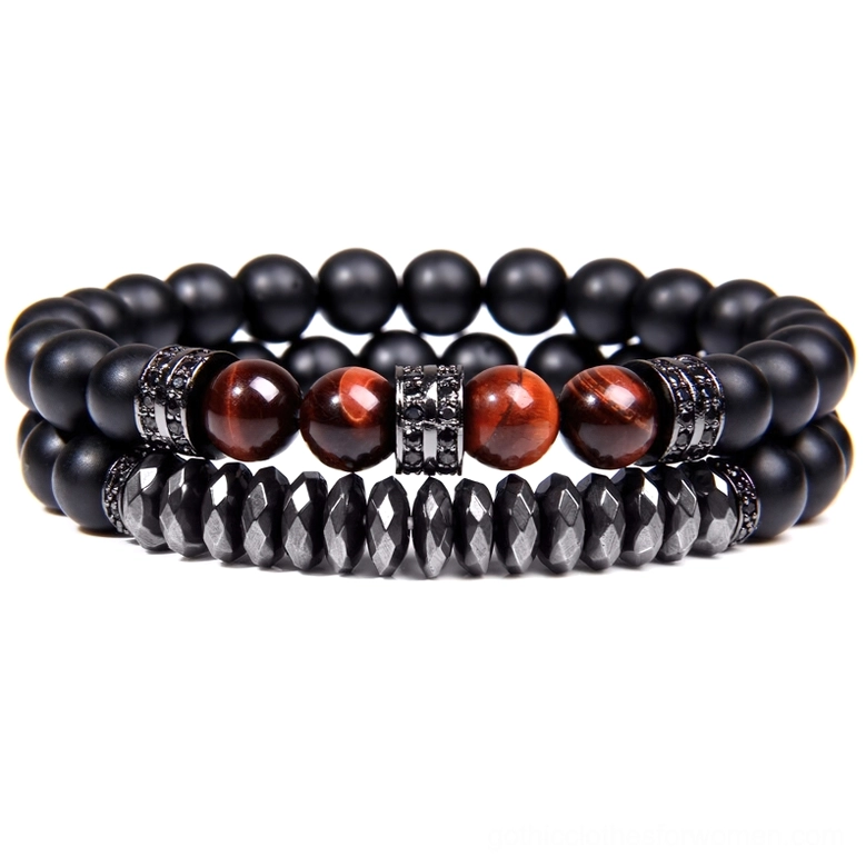 Dark gothic double-layer beaded bracelet with black stones, red tiger eye, and silver rhinestone metal accents close-up