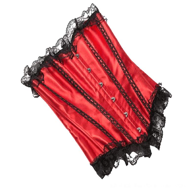 Strapless gothic corset side view displaying boned front panels, black lace trim edges, and red satin fabric structure