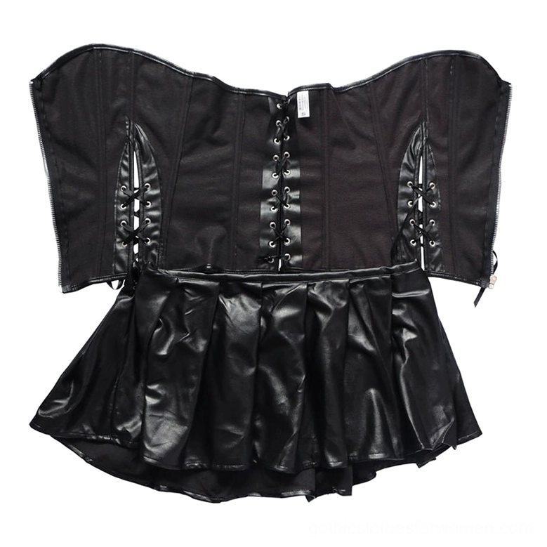 Gothic strapless corset dress in black faux leather with front zipper and structured boning
