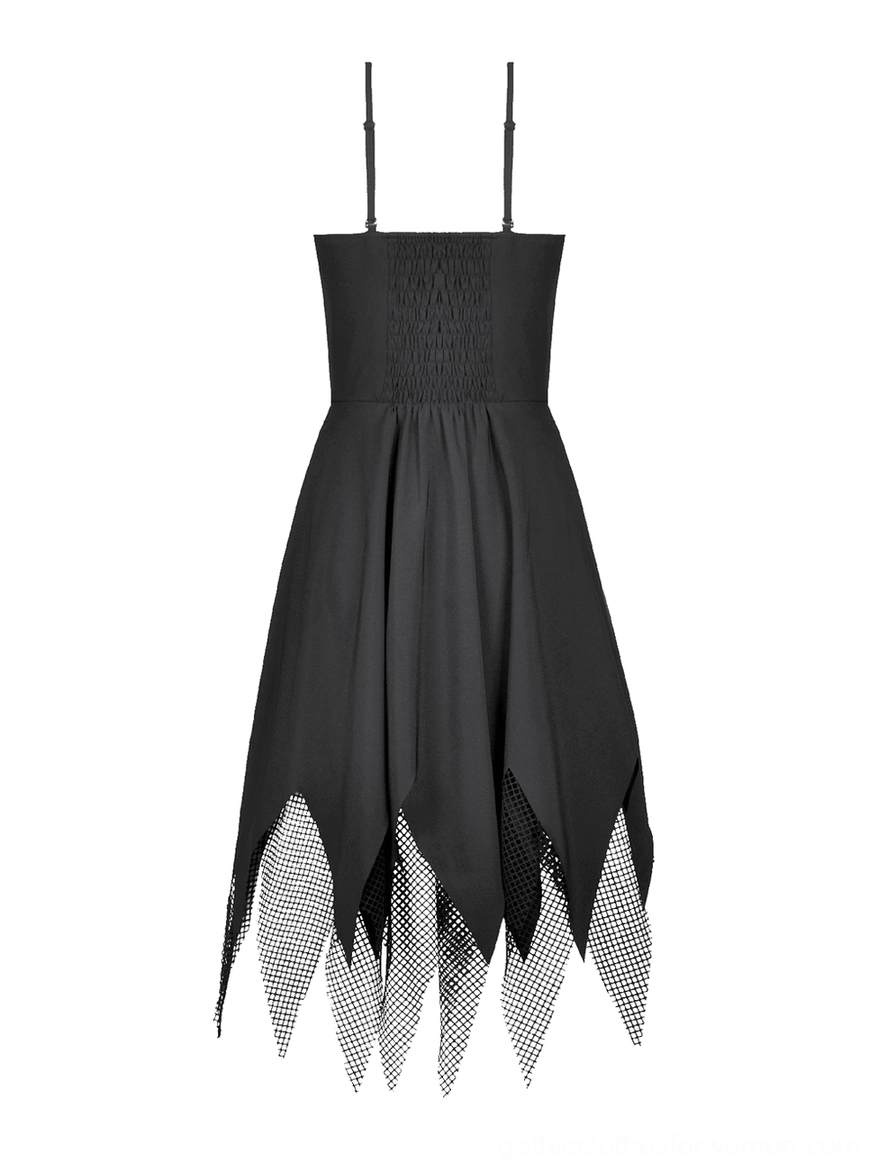 Strapless black gothic slip dress with shirred bodice and layered jagged fishnet hem shown on flat lay white background